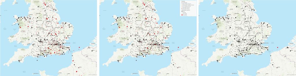Three maps depicting the travels of Edward I in Wales and England demonstrating the progression of error-checking the data.