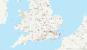 A map of Southern England and Wales with black points indicating high-confidence locations identified in Edward's Itinerary, and red points indicating low-confidence locations identified in Edward's Itinerary.