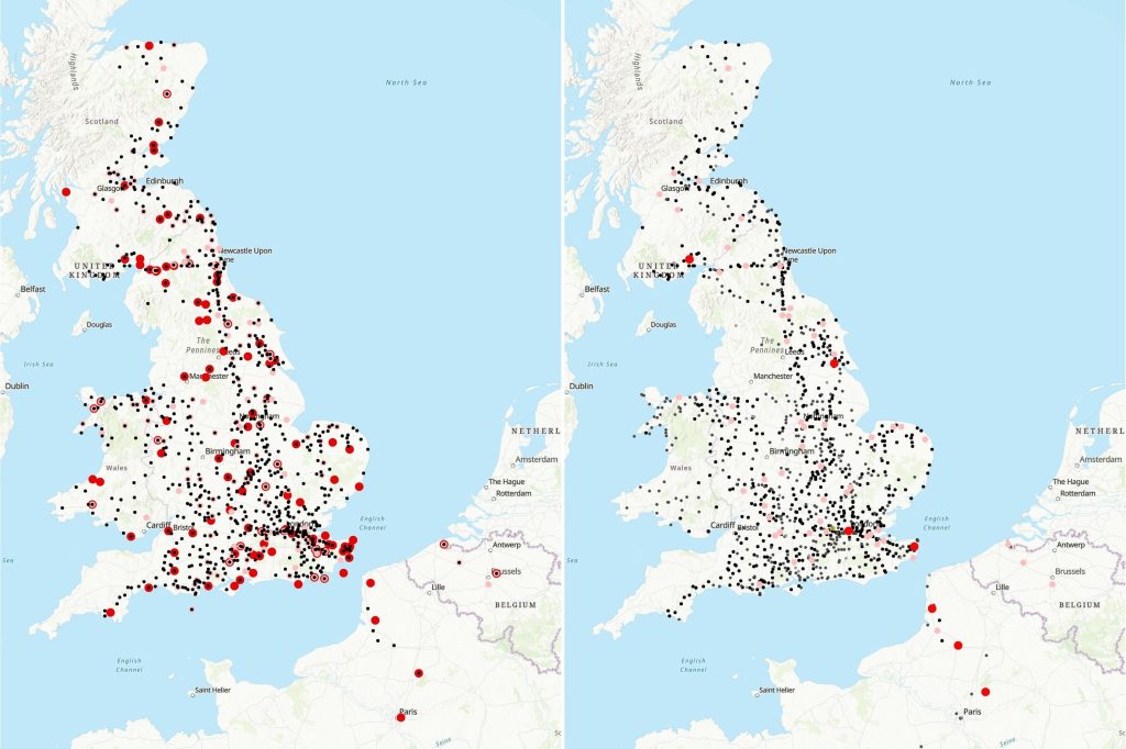 Two maps showing all of Edward's known locations in England, Wales, and Scotland during his rule. The map on the left is before the QA/QC process, and the one on the right is after. This figure visually demonstrates the extent to which the QA/QC process eliminated issues in the dataset.